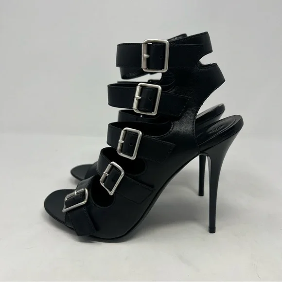 NEW Giuseppe Zanotti Buckle Strap Stiletto Heels Black Strappy Leather Size 37.5 - Picture 5 of 10